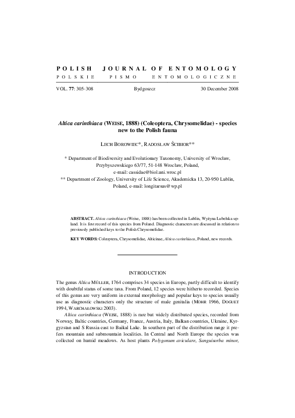 (PDF) First Record of Altica carinthiaca in Poland
