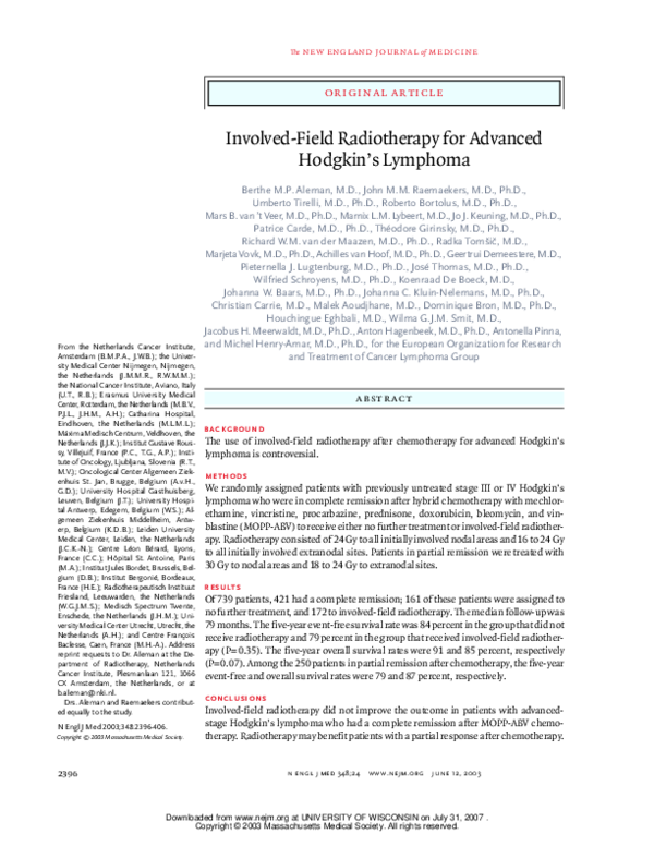(PDF) Involved-Field Radiotherapy for Advanced Hodgkin's Lymphoma