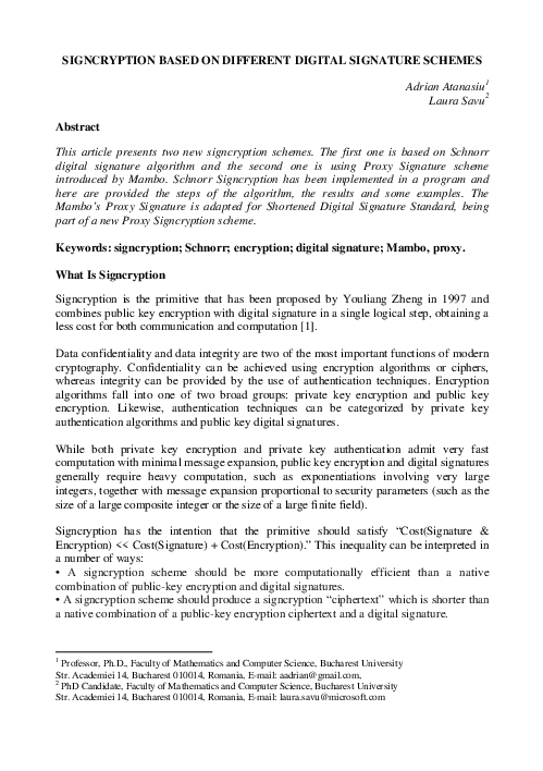 (PDF) Signcryption based on different Digital Signature Schemes