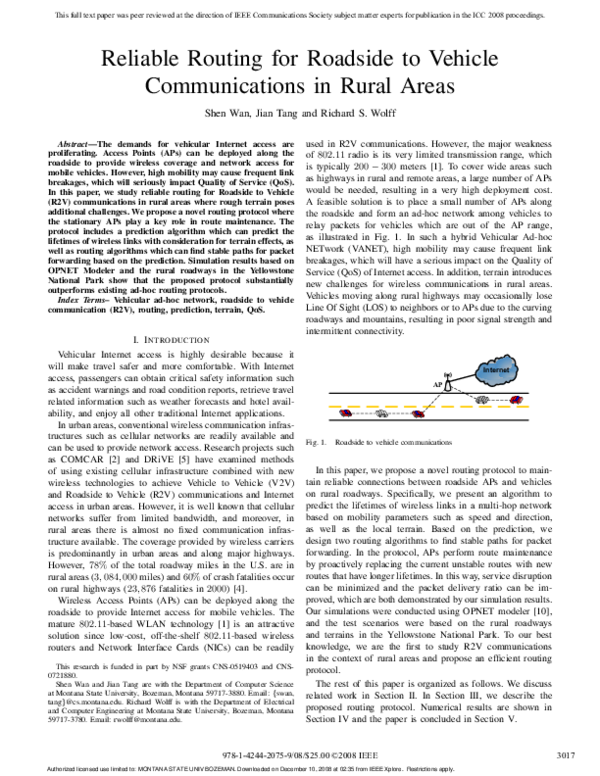 (PDF) Reliable routing for roadside to vehicle communications in rural ...