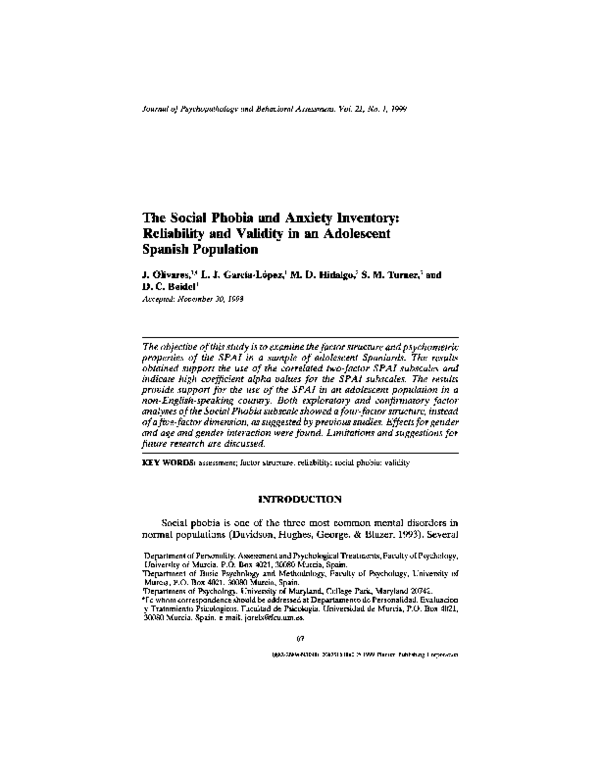(PDF) The Social Phobia and Anxiety Inventory: Reliability and validity ...