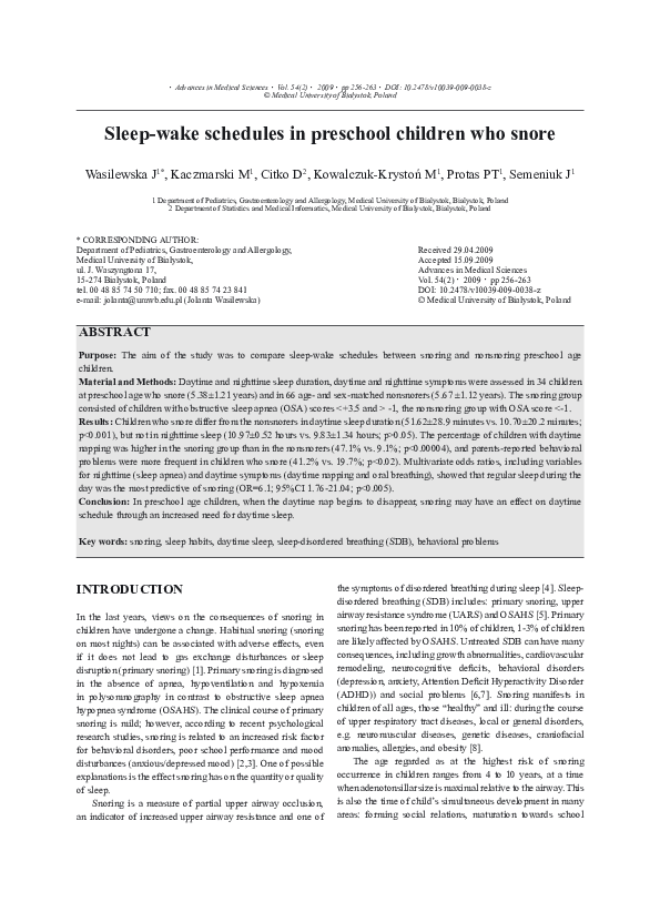 (PDF) Sleep-wake schedules in preschool children who snore
