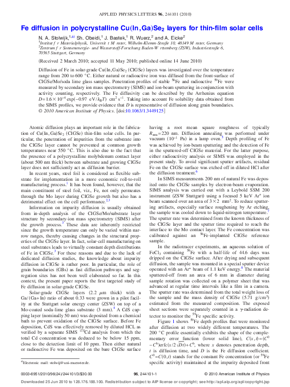 (PDF) Fe diffusion in polycrystalline Cu(In,Ga)Se[sub 2] layers for ...