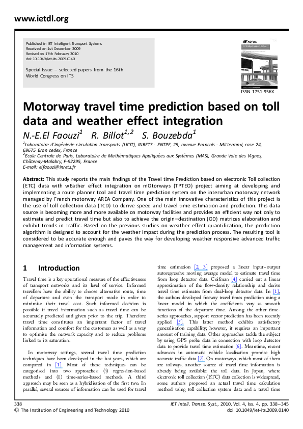 (PDF) Motorway travel time prediction based on toll data and weather ...