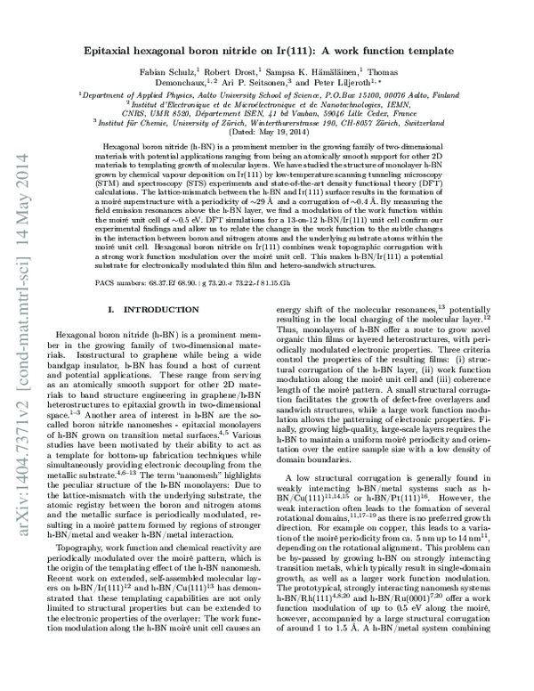 (PDF) Epitaxial hexagonal boron nitride on Ir(111) A work function