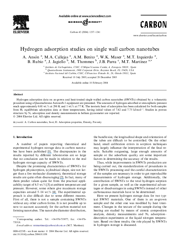 (PDF) Hydrogen adsorption studies on single wall carbon nanotubes