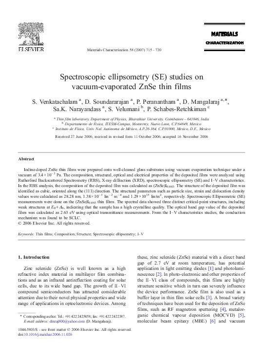 (PDF) Spectroscopic ellipsometry (SE) studies on vacuum-evaporated ZnSe ...