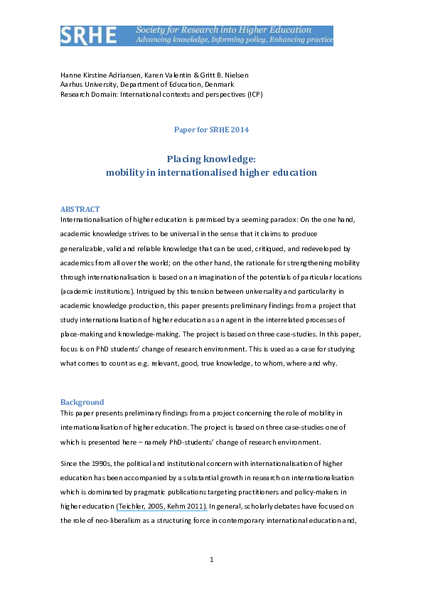 (PDF) Placing knowledge: mobility in internationalised higher education