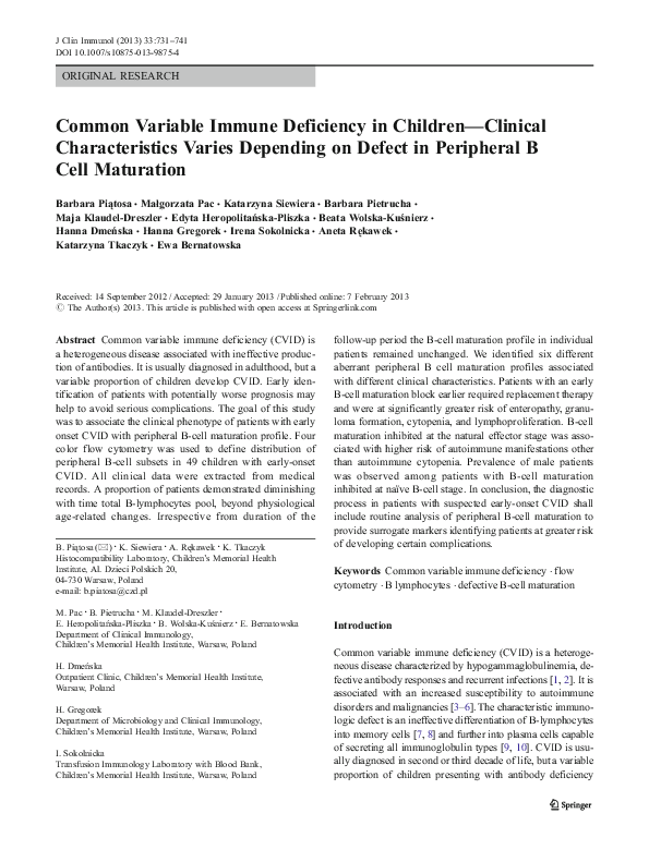 (PDF) Common Variable Immune Deficiency in Children—Clinical ...
