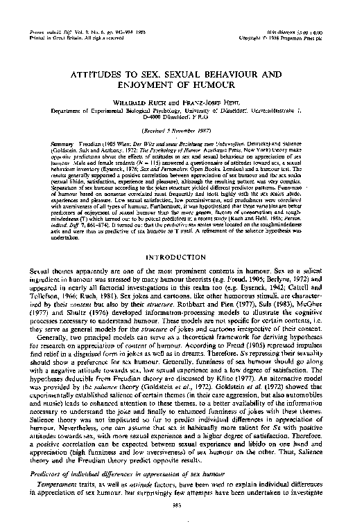 (PDF) ATTITUDES TO SEX, SEXUAL BEHAVIOUR AND ENJOYMENT OF HUMOUR
