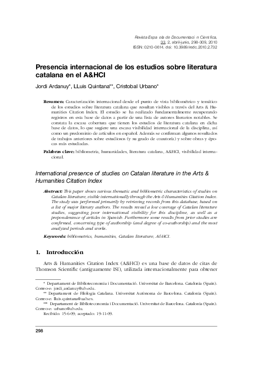 (PDF) International presence of studies on Catalan literature in the