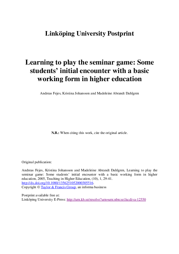 (PDF) Learning to play the seminar game: students’ initial encounters ...
