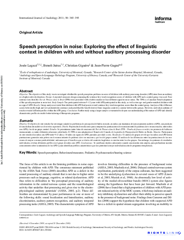 (PDF) Auditory Processing Disorder and Speech Perception Problems in ...