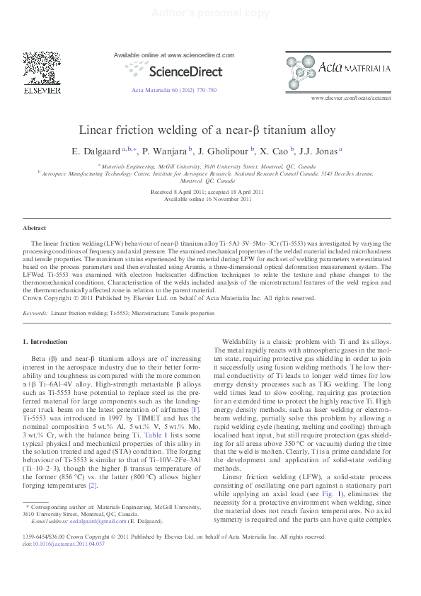 (PDF) Linear friction welding of a near-β titanium alloy