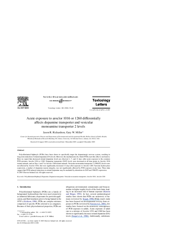 (PDF) Acute exposure to aroclor 1016 or 1260 differentially affects ...