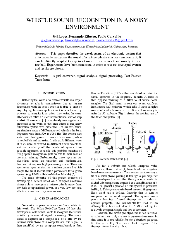 (PDF) WHISTLE SOUND RECOGNITION IN A NOISY ENVIRONMENT A. Fernando