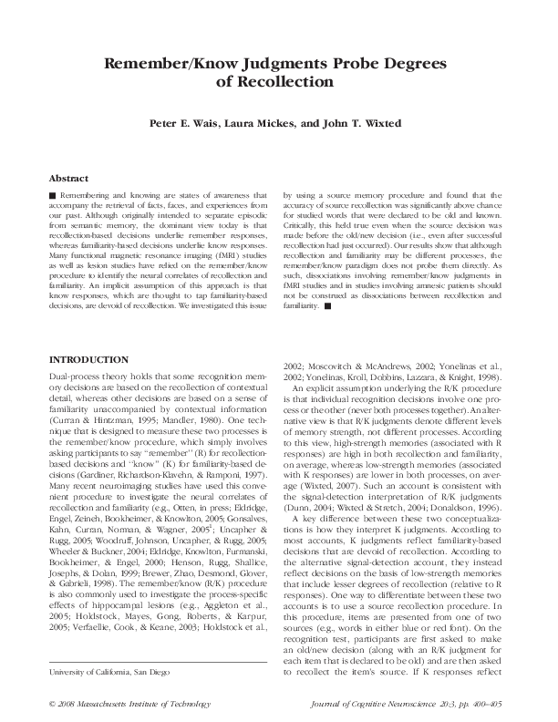 (PDF) Remember/Know Judgments Probe Degrees of Recollection