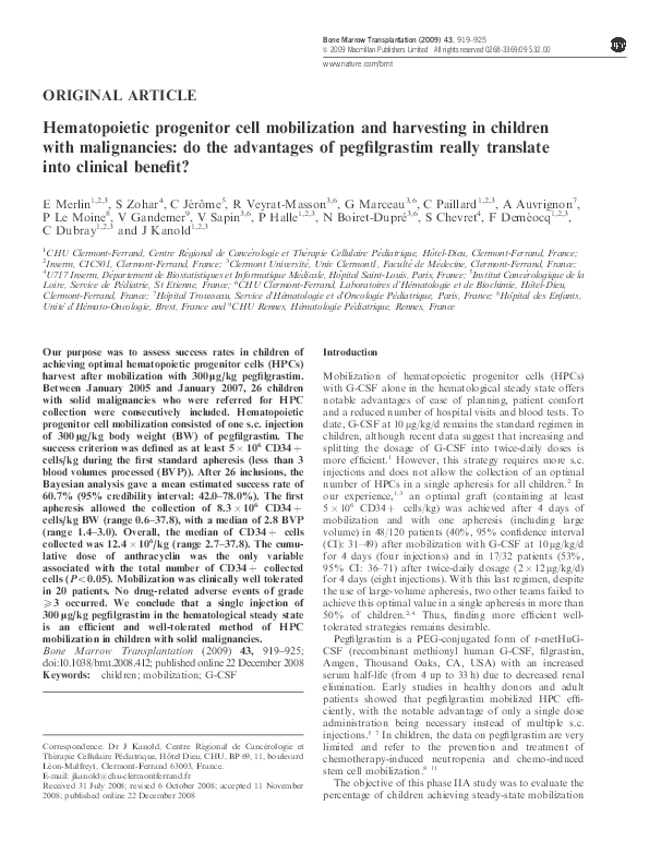 (PDF) Hematopoietic progenitor cell mobilization and harvesting in ...