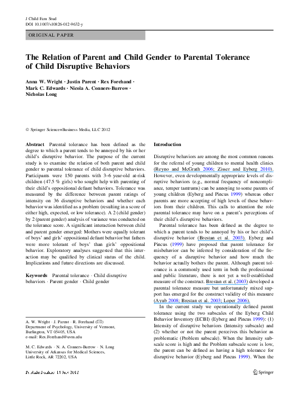 (PDF) The Relation of Parent and Child Gender to Parental Tolerance of ...