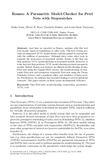 (PDF) Romeo: A Parametric Model-Checker for Petri Nets with Stopwatches
