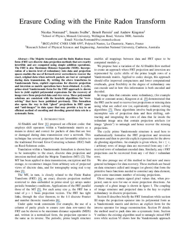 (PDF) Erasure Coding with the Finite Radon Transform