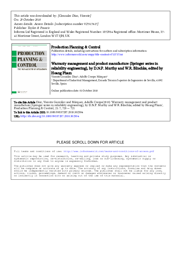 PDF) Warranty management and product manufacture (Springer series