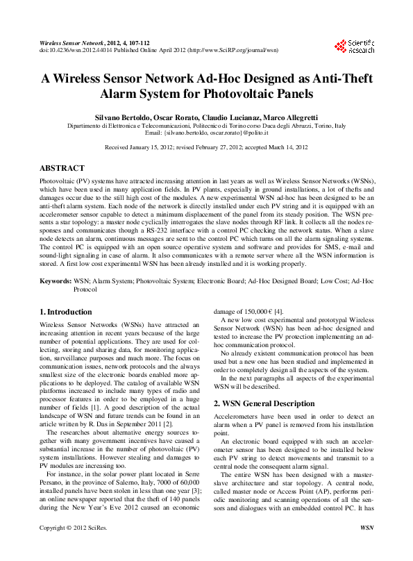 (PDF) A Wireless Sensor Network AdHoc Designed as AntiTheft Alarm