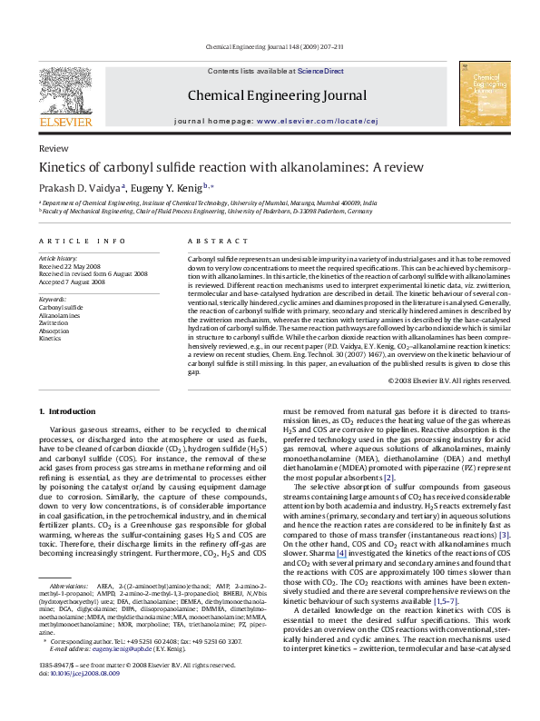 (PDF) Kinetics of carbonyl sulfide reaction with alkanolamines: A review