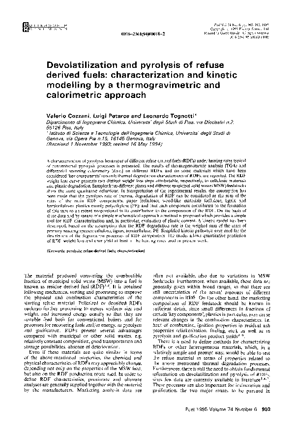 (PDF) Devolatilization and pyrolysis of refuse derived fuels