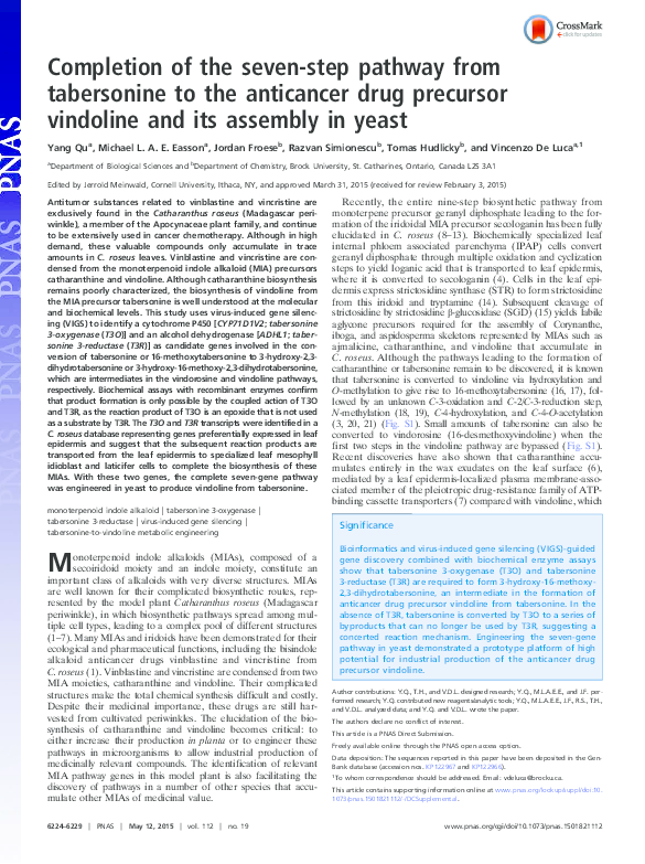 (PDF) Completion of the seven-step pathway from tabersonine to the ...