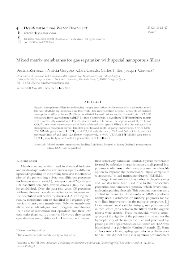 (PDF) Mixed matrix membranes for gas separation with special nanoporous ...
