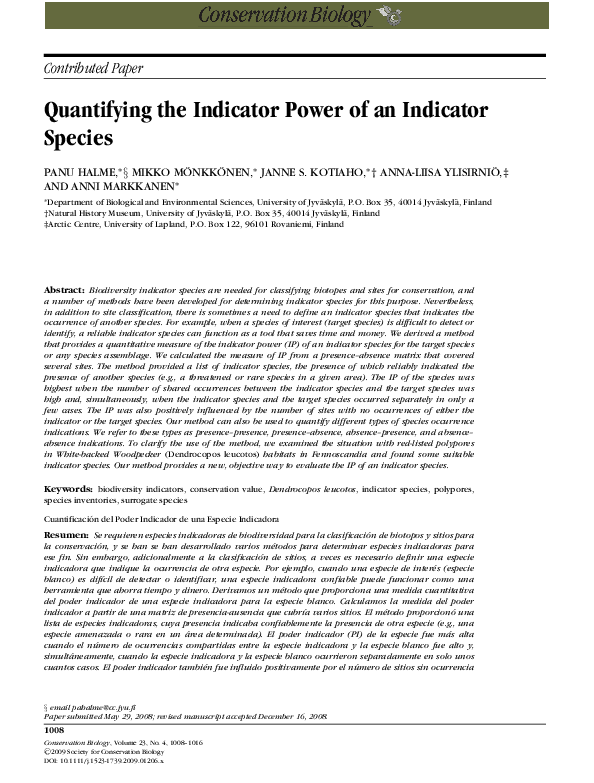 (PDF) Quantifying the Indicator Power of an Indicator Species Mikko