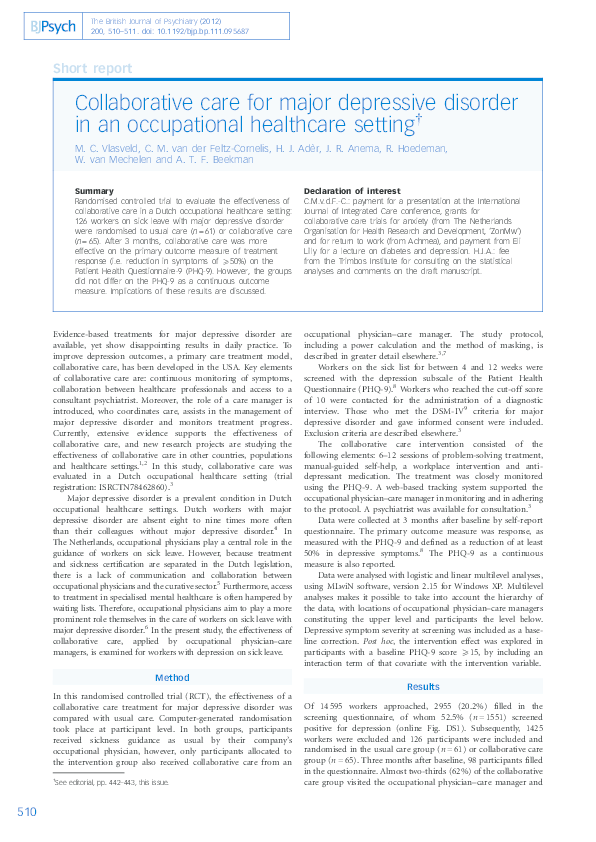 (PDF) Collaborative care for major depressive disorder in an ...