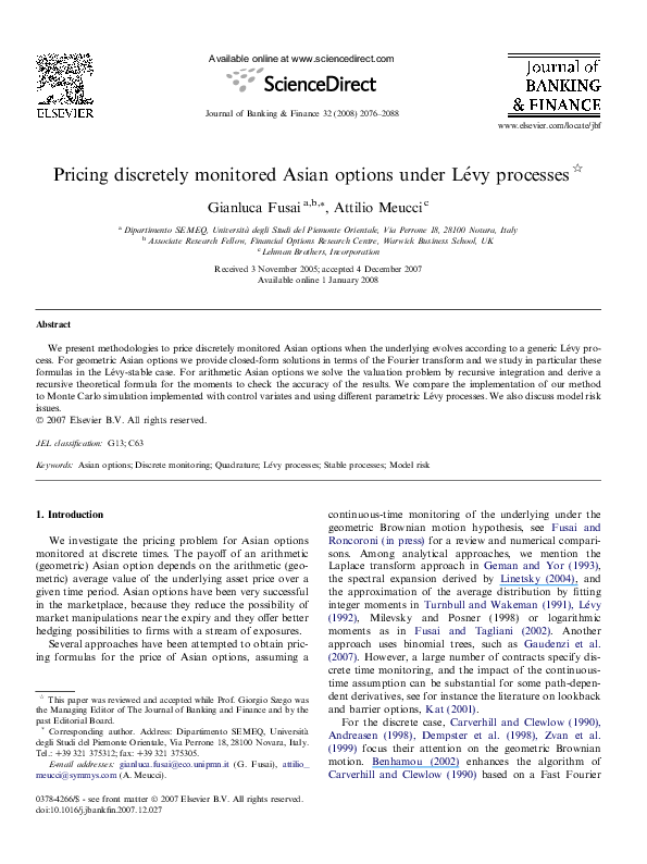 (PDF) Valuation of Discrete Asian Options under Lévy processes