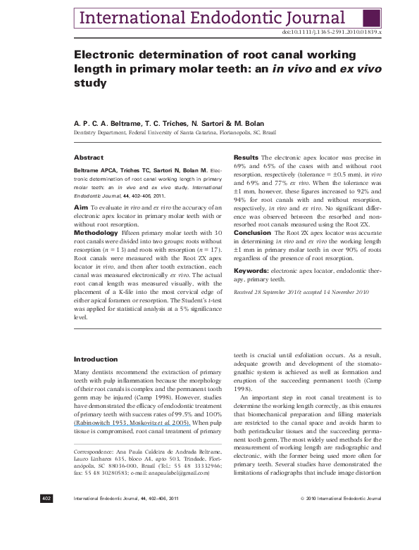 (PDF) Electronic determination of root canal working length in primary