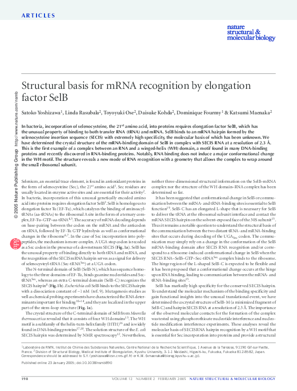 (PDF) Structural basis for mRNA recognition by elongation factor SelB