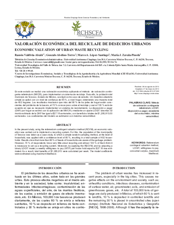 (PDF) Economic valuation of urban waste recycling