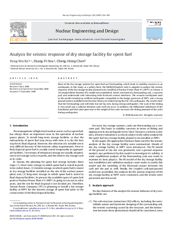 (PDF) Analysis for seismic response of dry storage facility for spent fuel