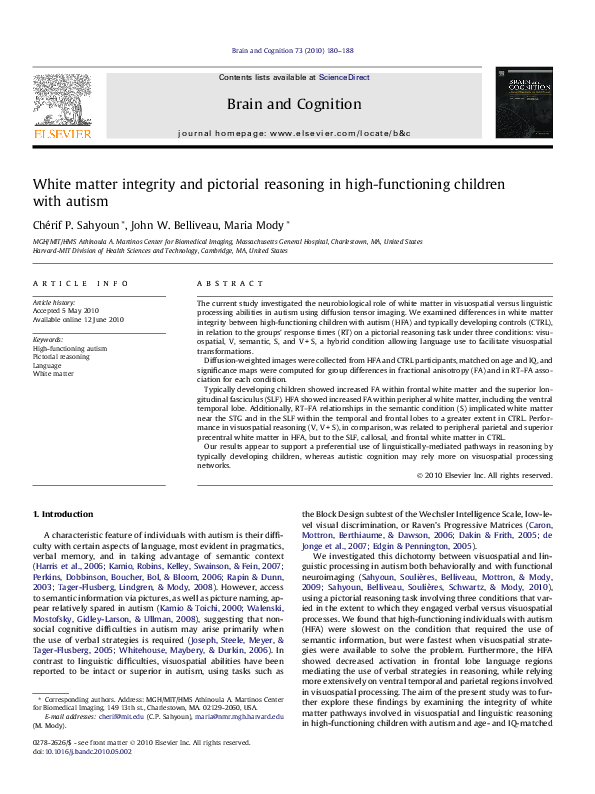 (PDF) White matter integrity and pictorial reasoning in high ...