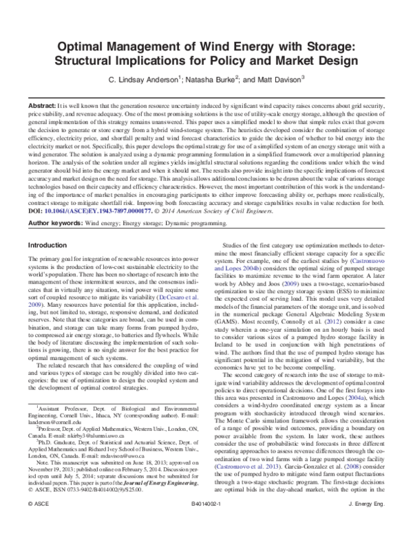 (PDF) Optimal Management of Wind Energy with Storage: Structural ...