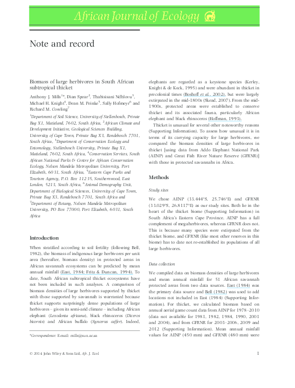(PDF) Biomass of large herbivores in South African subtropical thicket
