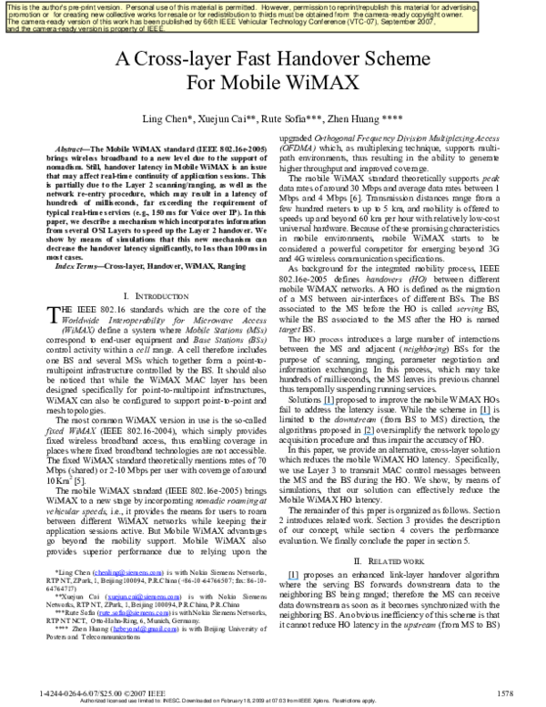 (PDF) A Cross-Layer Fast Handover Scheme For Mobile WiMAX