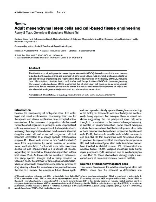 (PDF) Adult mesenchymal stem cells and cell-based tissue engineering