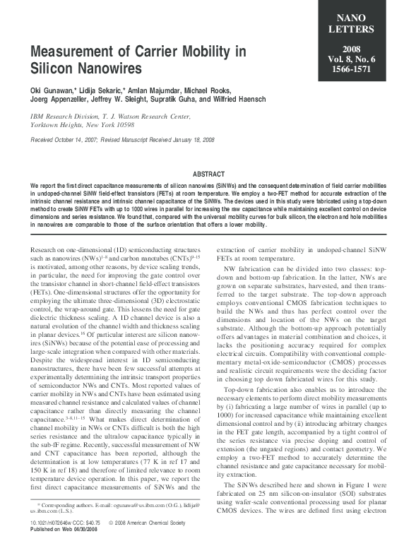 (PDF) Measurement of Carrier Mobility in Silicon Nanowires