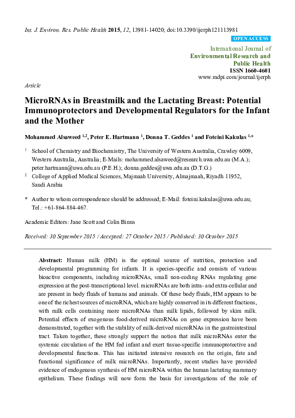 (PDF) MicroRNAs in Breastmilk and the Lactating Breast: Potential ...