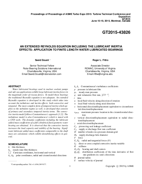 PDF) An Extended Reynolds Equation Including the Lubricant Inertia