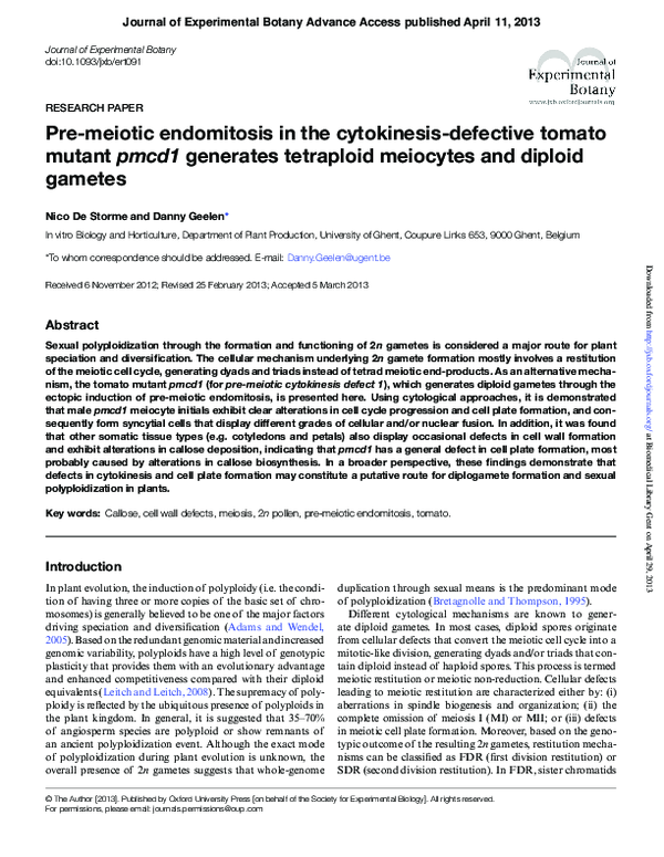 (PDF) Pre-meiotic endomitosis in the cytokinesis-defective tomato ...