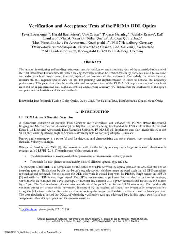 (PDF) Verification and acceptance tests of the PRIMA DDL optics