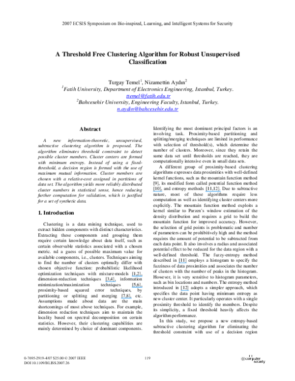 (PDF) A Threshold Free Clustering Algorithm for Robust Unsupervised ...