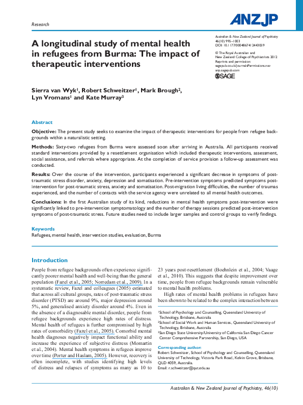 (PDF) A longitudinal study of mental health in refugees from Burma: The ...